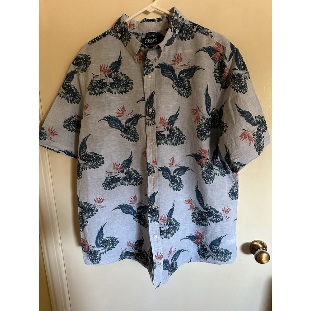 Chaps Linen 2XL Short Sleeve Button Down Cotton Shirt Men's XXL Blue Floral